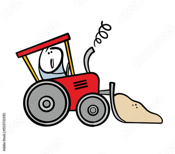 Obraz Cartoon satisfied worker rides a red tractor, shoveling sand. Vector illustration of doodle toy transport at a construction site. Isolated funny character and car on white background.
