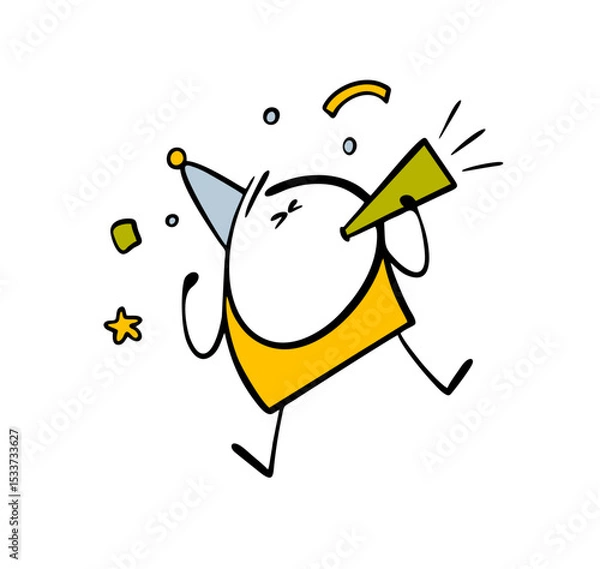 Obraz Funny cartoon child is celebrating his birthday. dancing, jumping and blowing a pipe. Vector illustration of a holiday, birthday or corporate party.