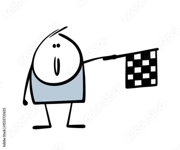 Obraz Cartoon stickman stands at the finish line and waves a checkered flag. Vector illustration of a man and a sports competition, a race of racing cars.