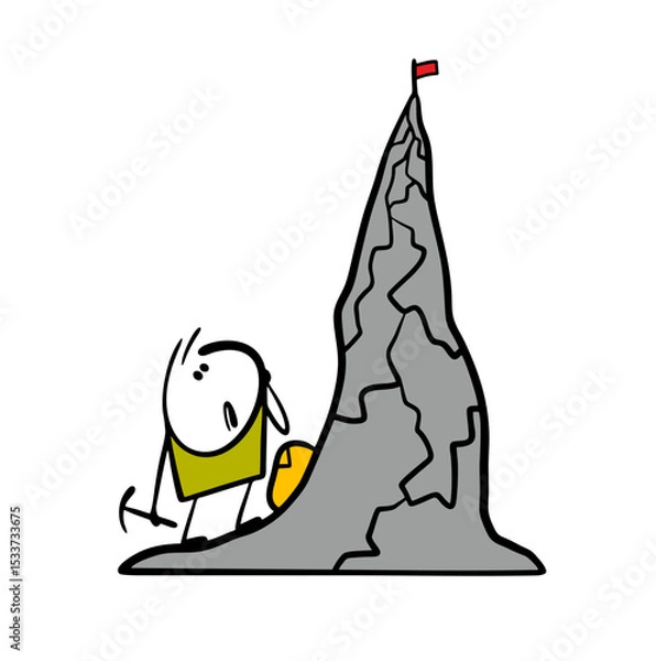 Obraz Cartoon confused man looks at the top of a high mountain. Vector illustration of a climbing tourist and a flag on a rock in the sky