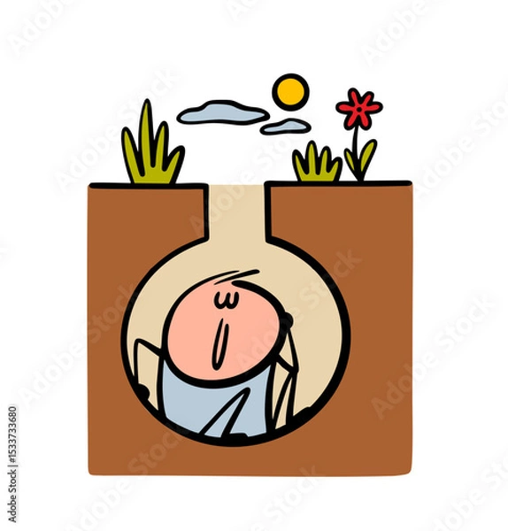 Obraz Funny cartoon stickman is hidden deep underground. Vector illustration of a boy sitting in a hole. Doodle cozy home for an animal. Isolated character on white background.