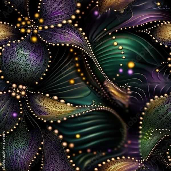 Fototapeta An abstract seamless pattern of glowing 3D lace-like leaves and organic shapes in shades of purple, green, and gold, illuminated by scattered light beads, creating a mysterious and luxurious effect.