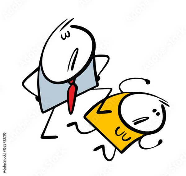 Obraz Cartoon male abuser put his foot on the woman. Vector illustration of a husband dominating, offending his wife. The unhappy girl is lying on the floor and suffering from aggression.