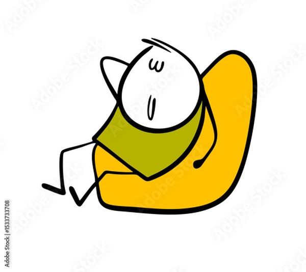 Obraz Stick figure cartoon relaxed man is sitting in an easy chair. Vector illustration of a stickman resting, sleeping in a bean bag.
