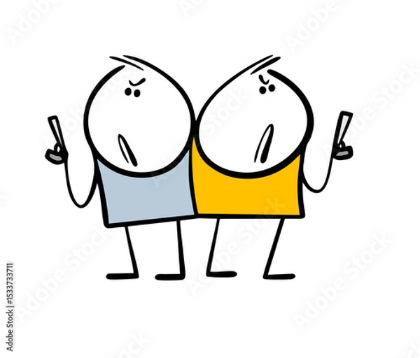 Obraz Two rivals or enemies are standing next to pistols. Vector illustration of a duel, two cartoon war with weapons.