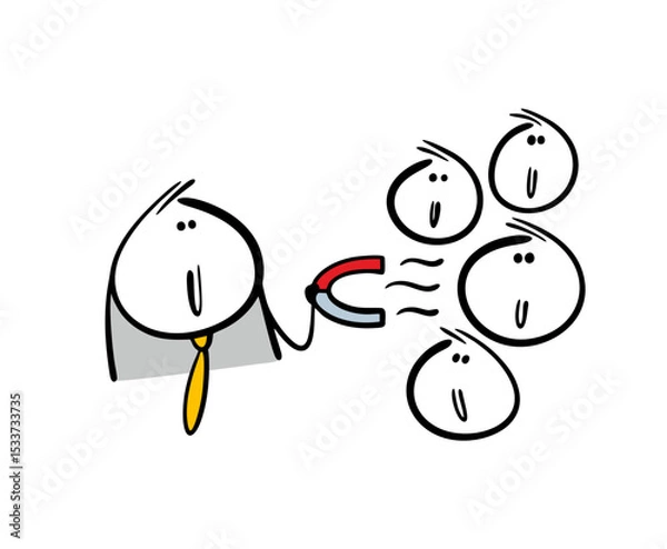 Obraz Cunning businessman holds a magnet, attracts customers. Vector illustration of a business strategy to attract customers and partners.