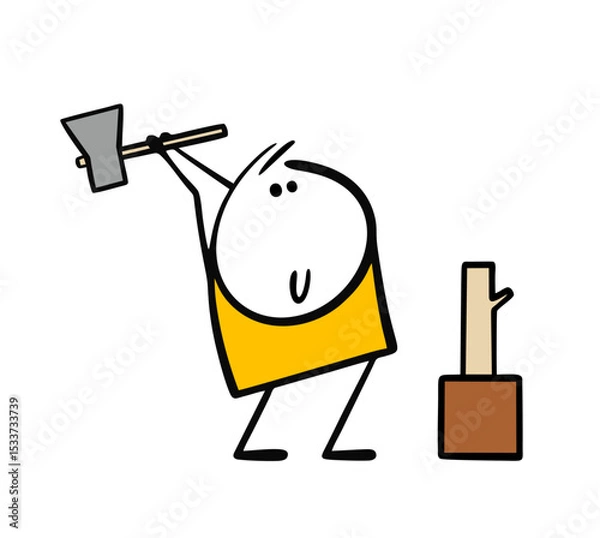 Obraz Strong man has an axe raised over his head and is chopping firewood. Vector illustration of the preparation of fuel for heating a winter house in the village. Supplies for a stove or campfire.