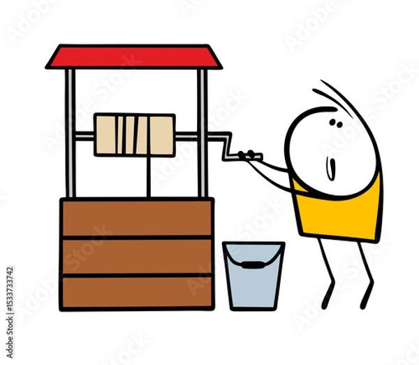 Obraz Cartoon stickman turns the handle and takes out a bucket of oxen from the well. Vector illustration of thirst, a man wants to drink or water a vegetable garden in  village.