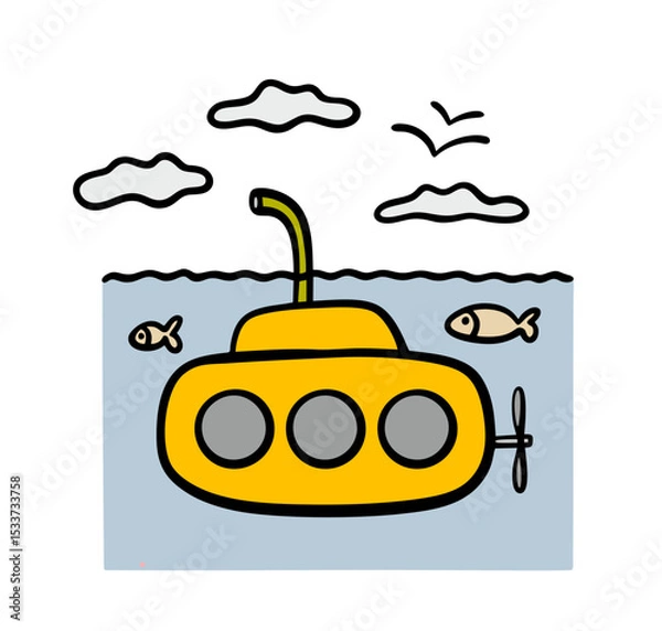 Obraz Yellow submarine is floating deep underwater. Vector illustration of an underwater vehicle with a motor and portholes in the ocean.