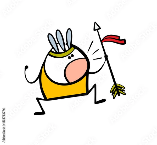 Obraz Wild man from North America, an Indian, jumps, screams, attacks the enemy. Vector illustration of a warrior with a spear and feathers on his head.