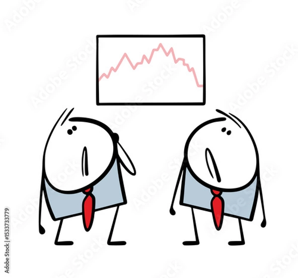 Obraz Two businessmen on the stock exchange are looking sadly at the falling share price chart. Vector illustration of failed investments. Bad business strategy.