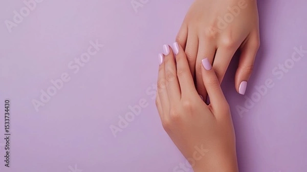 Fototapeta Close-up of a woman's hands with light purple nail polish against a pale purple background. Soft, elegant, and minimalistic.