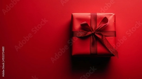Fototapeta A single red gift box with a dark red ribbon sits on a red background. The perfect image for celebrating special occasions.