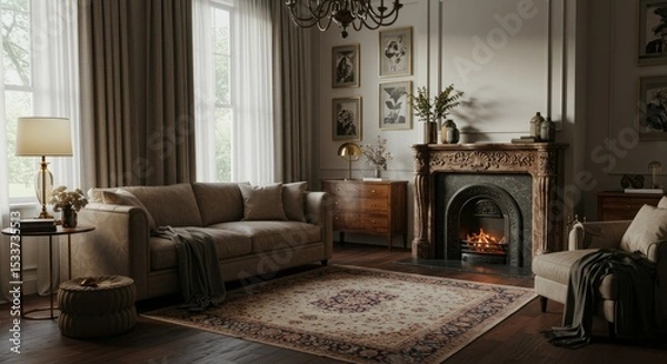Fototapeta Cozy living room with a beige sofa, ornate fireplace, and warm lighting. The room features a calming, neutral color palette and creates a relaxing atmosphere.