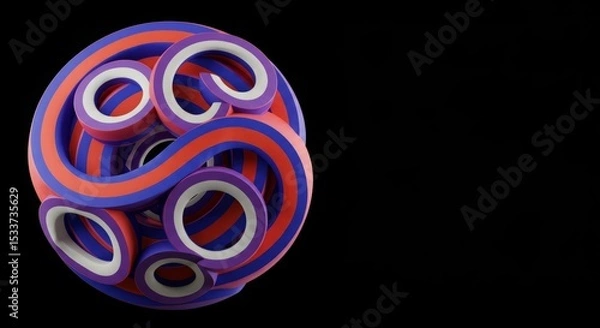 Fototapeta Abstract 3D render of a sphere composed of swirling, interconnected red, blue, and white stripes against a black background.  The image evokes a sense of motion and complexity.