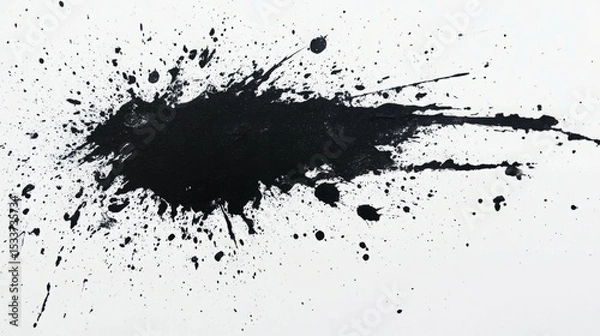Fototapeta Abstract black ink splatter on white background. Dynamic and expressive art.  High contrast and textured.