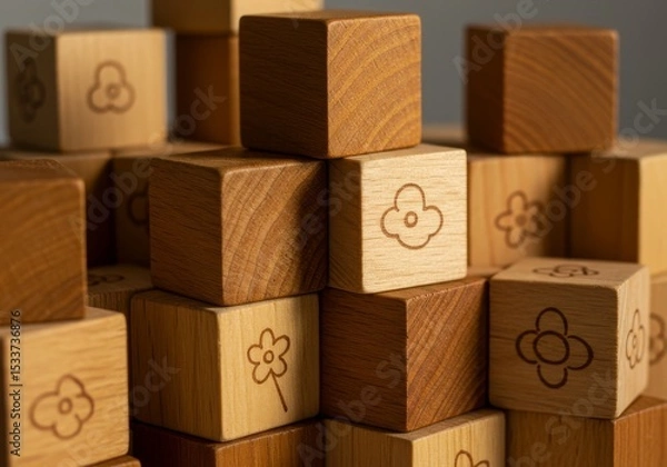 Obraz Close up shot of a stack of wooden blocks with flower designs on a neutral colored background