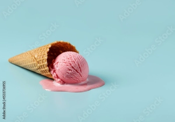 Obraz A fallen pink ice cream cone melting on a light blue background creating a sweet summer treat mess