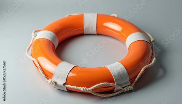 Fototapeta Orange life preserver on plain background. Safety equipment with white stripes and rope for rescue and protection during water activities. Concept of safety, survival on sea, ocean, summer vacation.