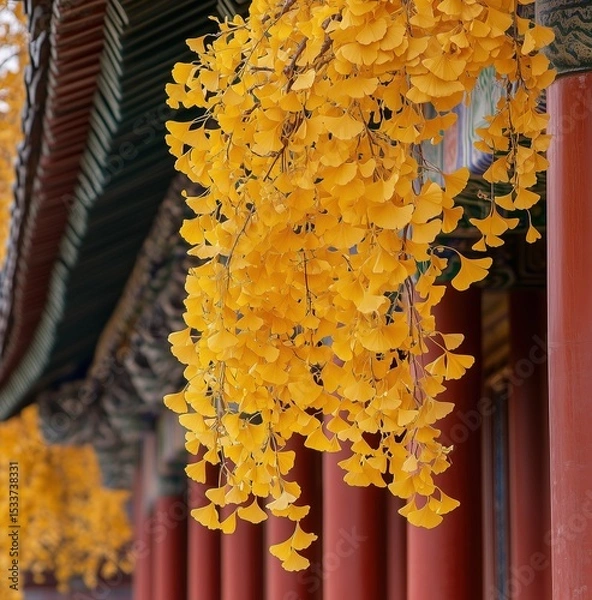 Fototapeta Symphonic Blend of Ancient Columns and Ginkgo｜The Historical Beauty of Chinese Architecture