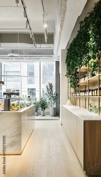 Fototapeta Light-filled interior of a modern cafe with exposed structure.