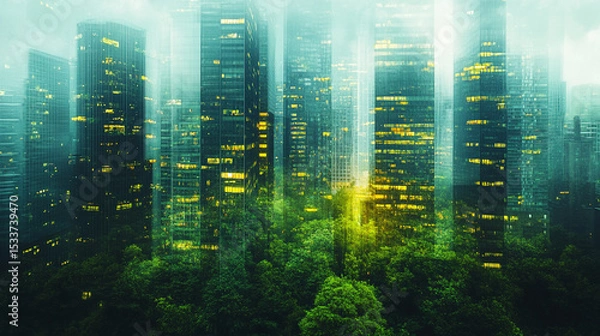 Obraz A breathtaking fusion of urban sprawl and lush nature where towering skyscrapers meet a vibrant forest with a dreamy