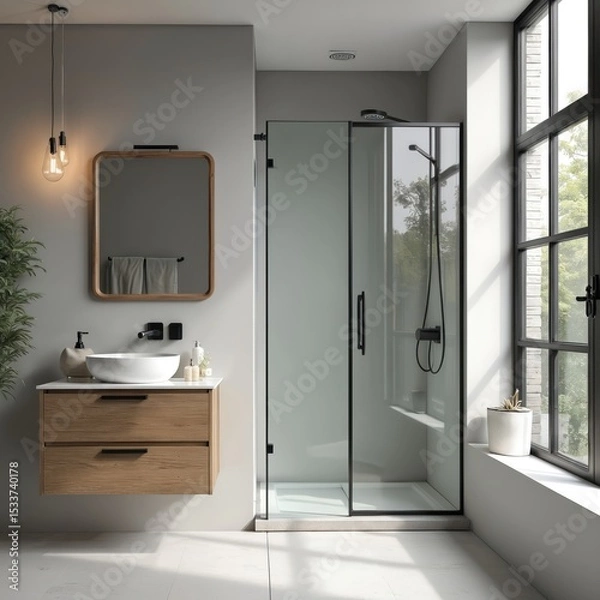 Fototapeta Modern bathroom interior design with glass shower, sink, window. Stylish, elegant minimalist design with natural light. Clean, sleek, spacious, comfortable, home renovation, spa, relaxation theme.