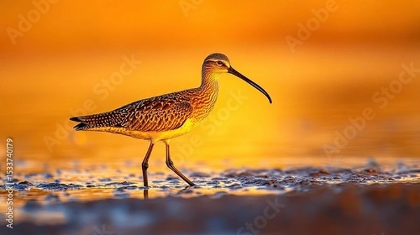 Obraz Elegant curlew bird walks on shallow waters during golden hour, serene and tranquil