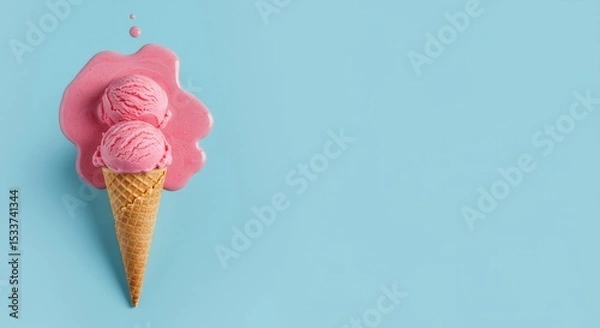Obraz Pink ice cream cone melting on light blue background with two scoops and a small drop of melted ice cream