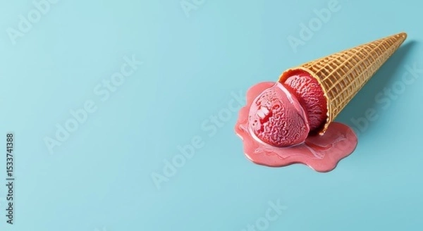 Obraz Pink ice cream cone melting on a light blue surface creating a sweet and colorful summer scene