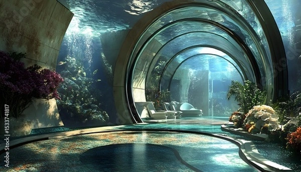 Fototapeta Underwater tunnel interior with a large aquarium.