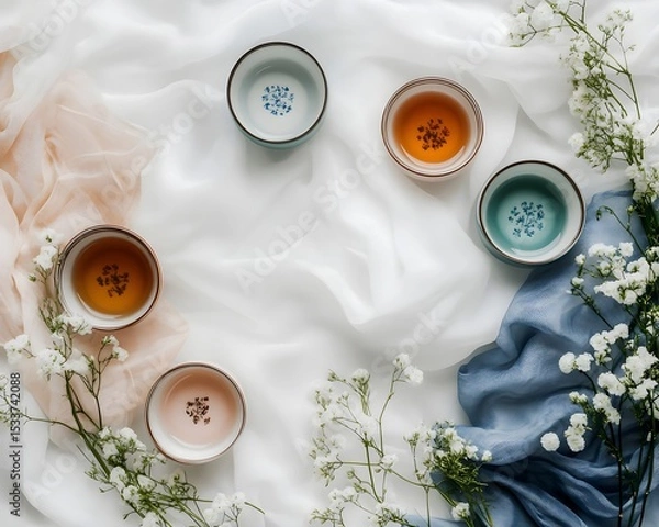 Obraz Top view of pastel teacups on soft fabric with delicate white flowers, creating a romantic and serene tea setting.