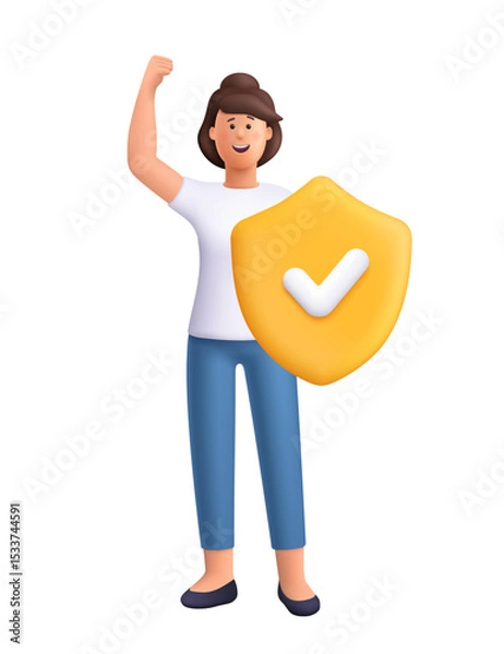 Obraz Confident woman Jane standing with one arm raised in triumph and holding a golden shield with checkmark symbol. Protection, insurance concept. 3d vector people character. Cartoon minimal style.