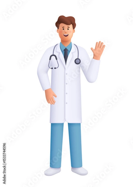 Obraz Smiling male doctor James wearing a white lab coat and stethoscope, waving gesture Healthcare, medicine, telemedicine and medical services concept. 3d vector people character. Cartoon minimal style.