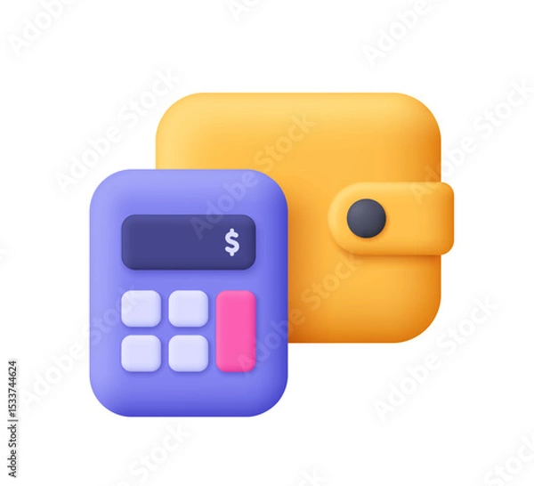 Obraz Yellow wallet and a purple calculator with a dollar sign on the screen. Budget, financial planning, accounting, expenses and savings concept. 3d vector icon. Cartoon minimal style.