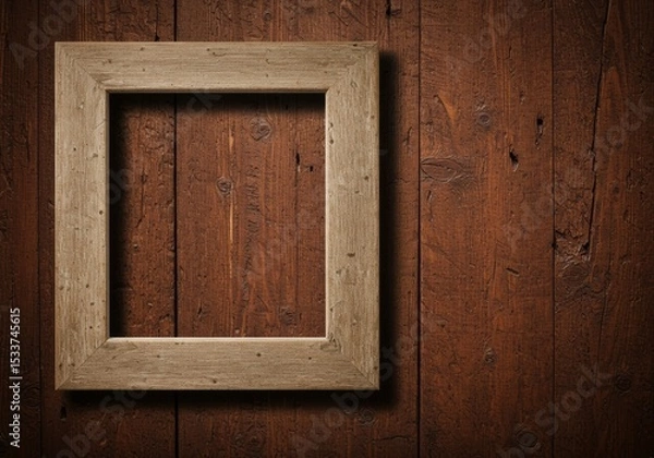 Obraz Square wooden frame hanging on a rustic wooden wall with visible wood grain and natural imperfections
