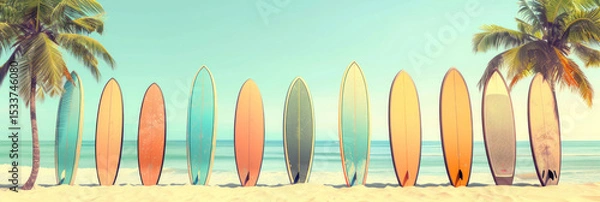 Fototapeta Panorama view of surfboard on tropical beach background. Vintage tone color style. Generative ai