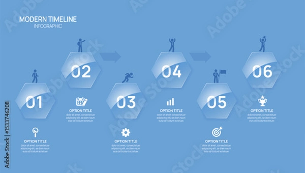 Fototapeta Infographics timeline Glassmorphism Hexagon Button  business 6 steps to success template.