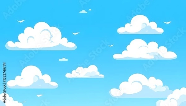 Fototapeta Cartoon clouds in a vivid blue sky.
