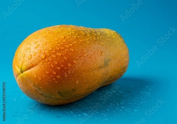 Obraz Close up of a papaya with water droplets on a blue background in a studio lighting environment setup