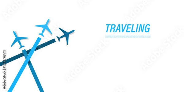 Fototapeta Minimal vector illustration of three blue airplane silhouettes on a white background with copy space and text TRAVELING. Perfect for air travel ads, vacation web banners or modern travel concepts.