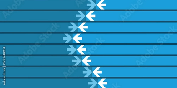 Fototapeta Modern abstract background with horizontal thick blue parallel bars and white opposing block arrows, ideal for business presentations, infographics, highlighting cause-and-effect or listed items.