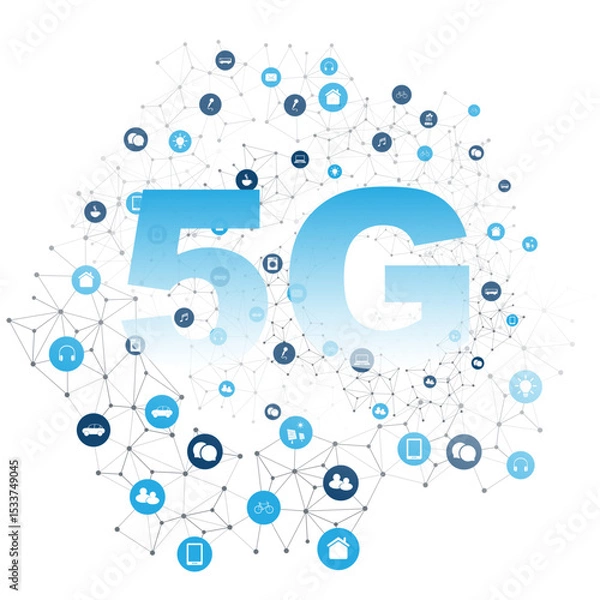 Fototapeta Illustration of 5G wireless network technology, Internet of Things, featuring a polygonal network of connected smart devices and icons for mobility, communication and automation on white background