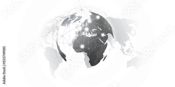 Fototapeta Abstract globe with glowing network points connecting continents over a gray world map background. Modern concept for global communication, data transfer, internet and global technology.