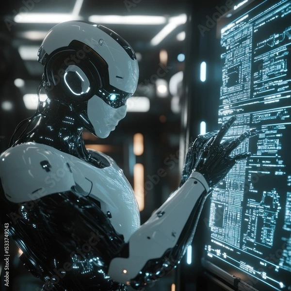 Fototapeta Futuristic Robot Analyzing Data on a Large Screen