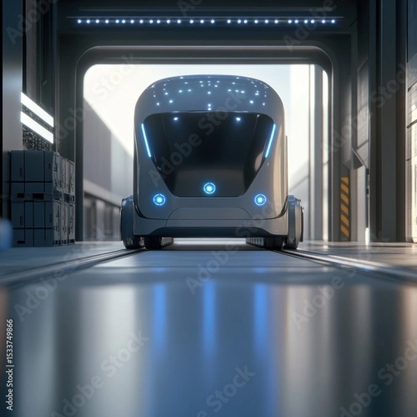 Obraz Futuristic Autonomous Vehicle Entering a Modern Warehouse