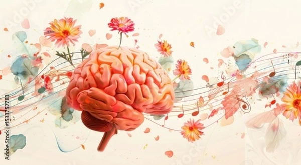 Obraz The fusion of music, creativity, and nature in a human brain illustration, surrounded by flowers and musical notes.