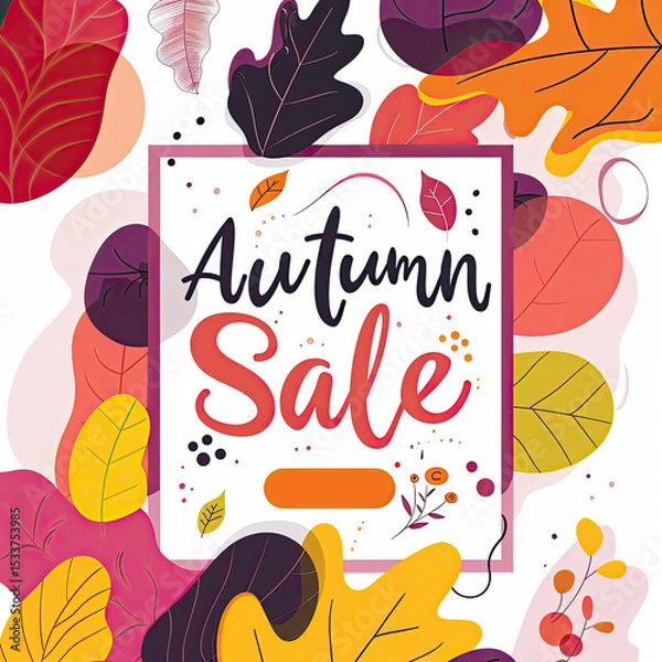 Obraz A vibrant autumn-themed sale banner with colorful abstract shapes in warm hues, paired with floral elements on a soft backdrop.