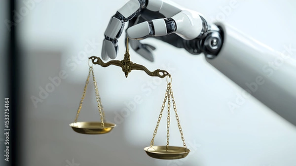 Fototapeta A robotic hand holds a golden balance scale, symbolizing the intersection of technology and justice.