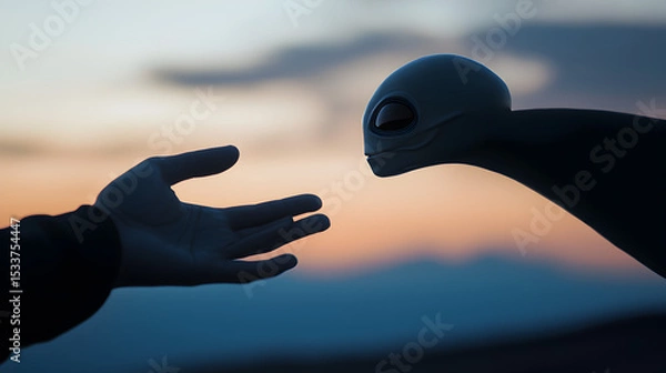 Fototapeta A human hand reaches out to an alien hand against a blurred sunset sky, symbolizing connection and curiosity between different beings.
